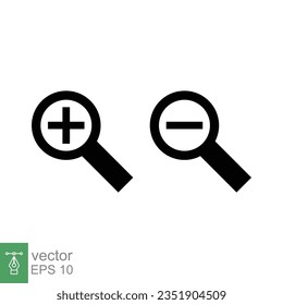 Zoom in and zoom out icons. Simple flat, solid style. Magnifying glass, find, plus, minus, search concept. Black silhouette, glyph symbol. Vector illustration isolated on white background. EPS 10.