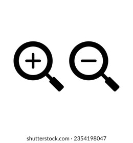 Zoom in and zoom out icons. Simple flat, solid style. Magnifying glass, find, plus, minus, search concept. Black silhouette, glyph symbol. Vector illustration isolated on white background. EPS 10.