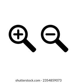 Zoom in and zoom out icons. Simple flat, solid style. Magnifying glass, find, plus, minus, search concept. Black silhouette, glyph symbol. Vector illustration isolated on white background. EPS 10.