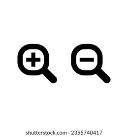 Zoom in and zoom out icons. Simple flat, solid style. Magnifying glass, find, plus, minus, search concept. Black silhouette, glyph symbol. Vector illustration isolated on white background. EPS 10.