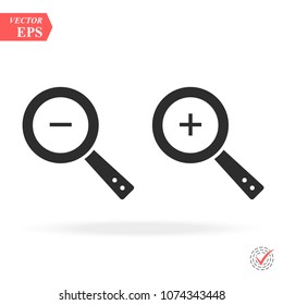 Zoom In and Zoom Out Icons. Simple zoom in, zoom out, magnifier glass icons, symbols. Vector illustration. Magnifying Glass Icon, magnifying glass, search icon, magnifying glass icon vector.