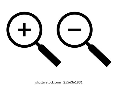 Zoom In and Zoom Out Icons. Simple zoom in, zoom out, magnifier glass icons, symbols. Vector illustration. Magnifying Glass Icon, magnifying glass, search icon, magnifying glass icon vector. Eps 10.