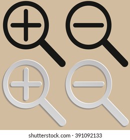 Zoom In and Zoom Out Icons. Simple zoom in, zoom out, magnifier glass icons, symbols. Vector illustration. Magnifying Glass Icon, magnifying glass, search icon, magnifying glass icon vector.