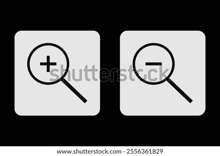 Zoom In and Zoom Out Icons. Simple zoom in, zoom out, magnifier glass icons, symbols. Vector illustration. Magnifying Glass Icon, magnifying glass, search icon, magnifying glass icon vector. Eps 10.
