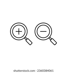 Zoom in and zoom out icons. Simple outline style. Magnifying glass, find, plus, minus, enlarge, reduce, search concept. Thin line symbol. Vector illustration isolated on white background. EPS 10.