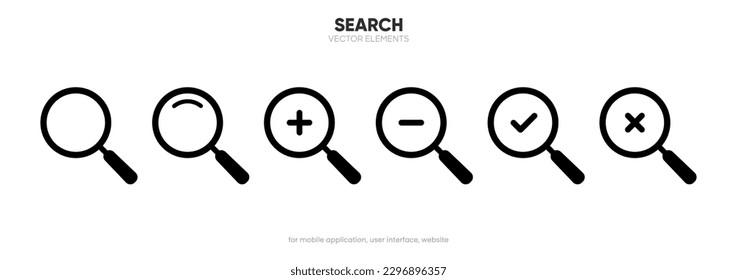 Zoom in and zoom out icons. Simple zoom in zoom out symbol. Magnifier glass icon, symbol. Magnifying glass icon. Search icon.