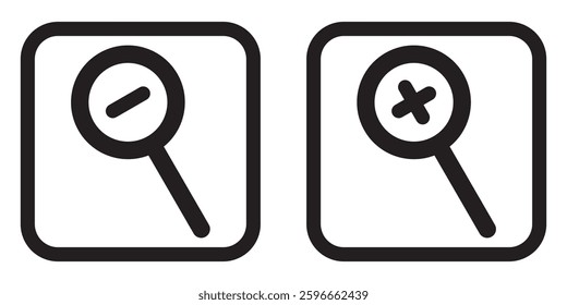 Zoom In and Zoom Out Icons. Vector illustration. Magnifying search icon. Flat trendy design.