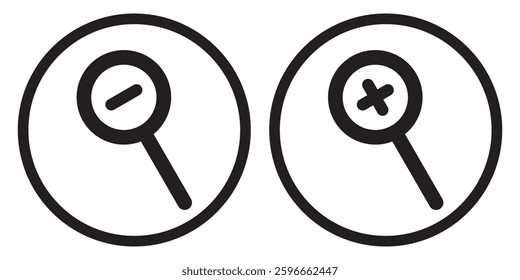 Zoom In and Zoom Out Icons. Vector illustration. Magnifying search icon. Flat trendy design.