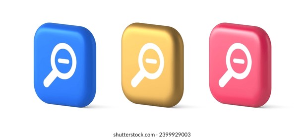 Zoom out magnifying glass button optical internet search discovery monitoring 3d realistic blue gold and pink icons. Magnifier minus loupe focus lens instrument find information