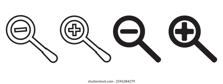 Zoom in Zoom out Magnifying glass icon. Magnifying glass set. Zoom Out and in symbol. Vector Illustration. EPS 10