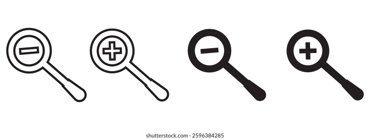 Zoom in Zoom out Magnifying glass icon. Magnifying glass set. Zoom Out and in symbol. Vector Illustration. EPS 10