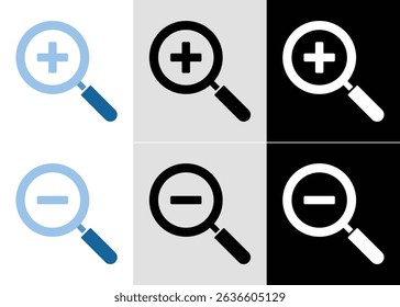 Zoom In and Zoom Out Magnifying Glass Icon, Search and Exploration Vector Illustration Isolated on white background