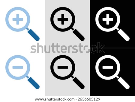 Zoom In and Zoom Out Magnifying Glass Icon, Search and Exploration Vector Illustration Isolated on white background