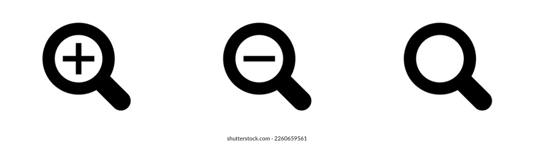 Zoom in and out and magnifying glass silhouette icons set. Vector.