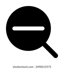 A zoom out or minus lens vector icon found on elements of websites or mobile apps, the symbol reduces the black color design.