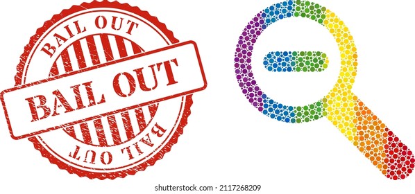 Zoom out mosaic icon of round items in different sizes and spectrum colored color tinges. Red round rubber stamp with Bail Out phrase. A dotted LGBT- colored zoom out for lesbians, gays, bisexuals,