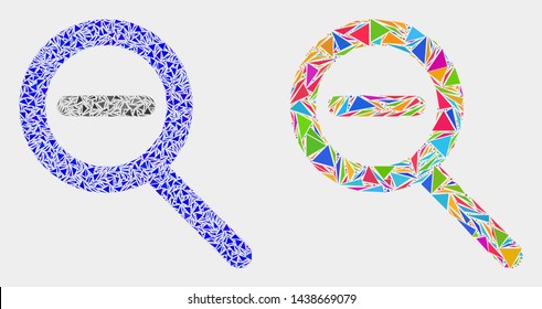 Zoom out mosaic icon of triangle items which have different sizes and shapes and colors. Geometric abstract vector illustration of zoom out.