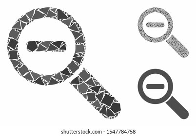 Zoom out mosaic of raggy items in various sizes and color hues, based on zoom out icon. Vector abrupt items are organized into collage. Zoom out icons collage with dotted pattern.