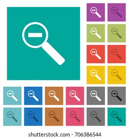 Zoom out multi colored flat icons on plain square backgrounds. Included white and darker icon variations for hover or active effects.
