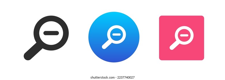 Zoom out online searching information internet browsing magnifying glass minus symbol icon set vector flat illustration. Data finding research exploration discovery inspect tool navigation interface