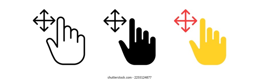 Icono de ajuste de zoom y salida. Índice, descenso, aumento, deslizamiento, desplazamiento, clic, flecha, sensor, botón. Concepto de presión. Icono de vector en línea, estilo negro y colorido sobre fondo blanco