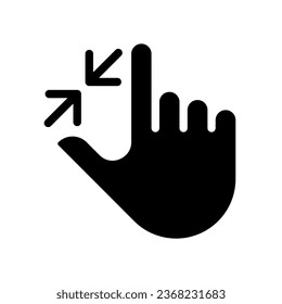 Zoom out touch black glyph icon. Multi touch technology. Adjust zoom. Touchscreen control gesture. Smartphone. Silhouette symbol on white space. Solid pictogram. Vector isolated illustration