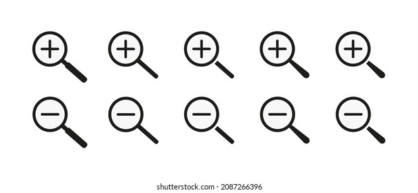Zoom in out vector icons set. Magnifying glass symbol isolated vector on white background