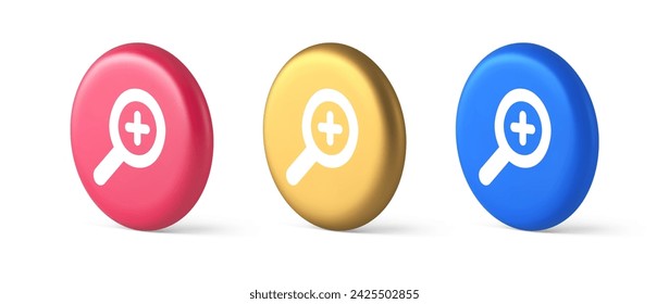 Zoom search cyberspace information button discovery magnifying glass plus 3d realistic blue gold and pink icons. Magnifier research look internet technology web application design