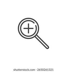 Zoom in search line icon in outline vector style. Depicts magnifying glass with plus sign. Search icon and magnification symbol for product browsing.