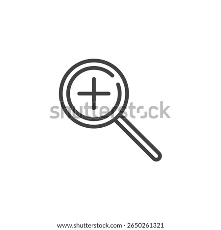 Zoom in search line icon in outline vector style. Depicts magnifying glass with plus sign. Search icon and magnification symbol for product browsing.