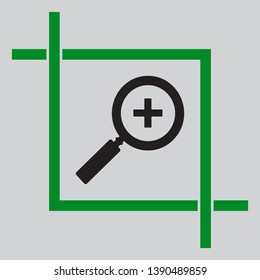 Zoom sign illustration. Black icon inside green crop tool at light gray background