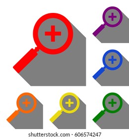 Zoom sign illustration. Set of red, orange, yellow, green, blue and violet icons at white background with flat shadow.