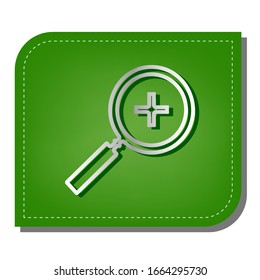 Zoom sign illustration. Silver gradient line icon with dark green shadow at ecological patched green leaf. Illustration.