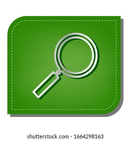 Zoom sign illustration. Silver gradient line icon with dark green shadow at ecological patched green leaf. Illustration.