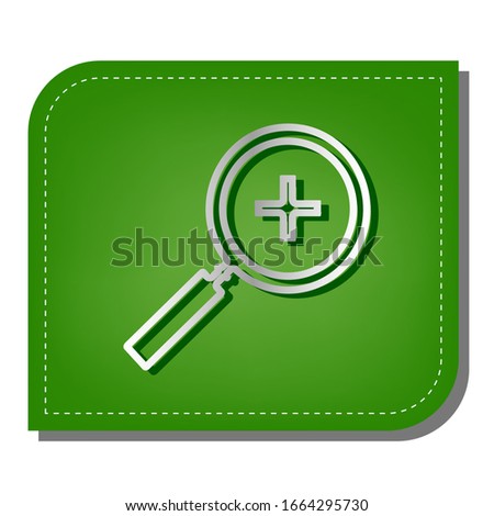 Zoom sign illustration. Silver gradient line icon with dark green shadow at ecological patched green leaf. Illustration.