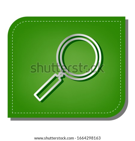 Zoom sign illustration. Silver gradient line icon with dark green shadow at ecological patched green leaf. Illustration.