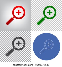 Zoom sign illustration. Vector. 4 styles. Red gradient in radial lighted background, green flat and gray scribble icons on transparent and linear one in blue circle.