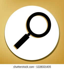 Zoom sign illustration. Vector. Black icon with light brown shadow in white circle with shaped ring at golden background.