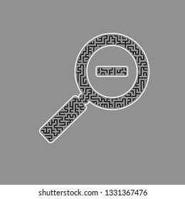 Zoom sign illustration. Vector. Black maze filled icon with white border at gray background.