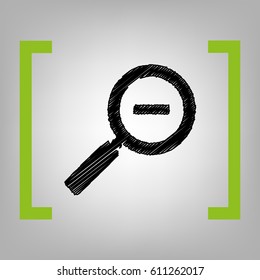 Zoom sign illustration. Vector. Black scribble icon in citron brackets on grayish background.