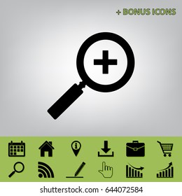 Zoom sign illustration. Vector. Black icon at gray background with bonus icons at celery ones