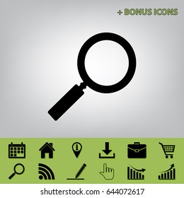 Zoom sign illustration. Vector. Black icon at gray background with bonus icons at celery ones