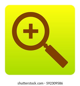 Zoom sign illustration. Vector. Brown icon at green-yellow gradient square with rounded corners on white background. Isolated.