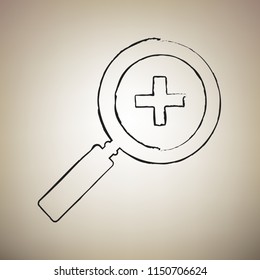 Zoom sign illustration. Vector. Brush drawed black icon at light brown background.