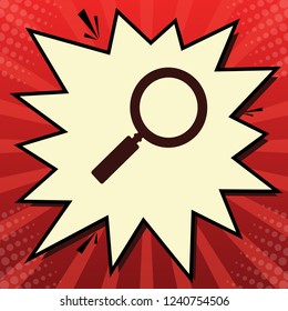 Zoom sign illustration. Vector. Dark red icon in lemon chiffon shutter bubble at red popart background with rays.