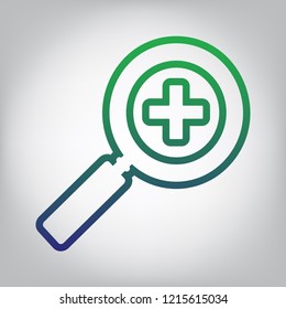 Zoom sign illustration. Vector. Green to blue gradient contour icon at grayish background with light in center.