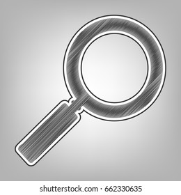 Zoom sign illustration. Vector. Pencil sketch imitation. Dark gray scribble icon with dark gray outer contour at gray background.