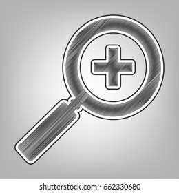 Zoom sign illustration. Vector. Pencil sketch imitation. Dark gray scribble icon with dark gray outer contour at gray background.