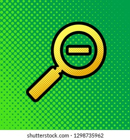 Zoom sign illustration. Vector. Pop art orange to yellow dots-gradient icon with black contour at greenish background.