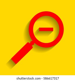 Zoom sign illustration. Vector. Red icon with soft shadow on golden background.